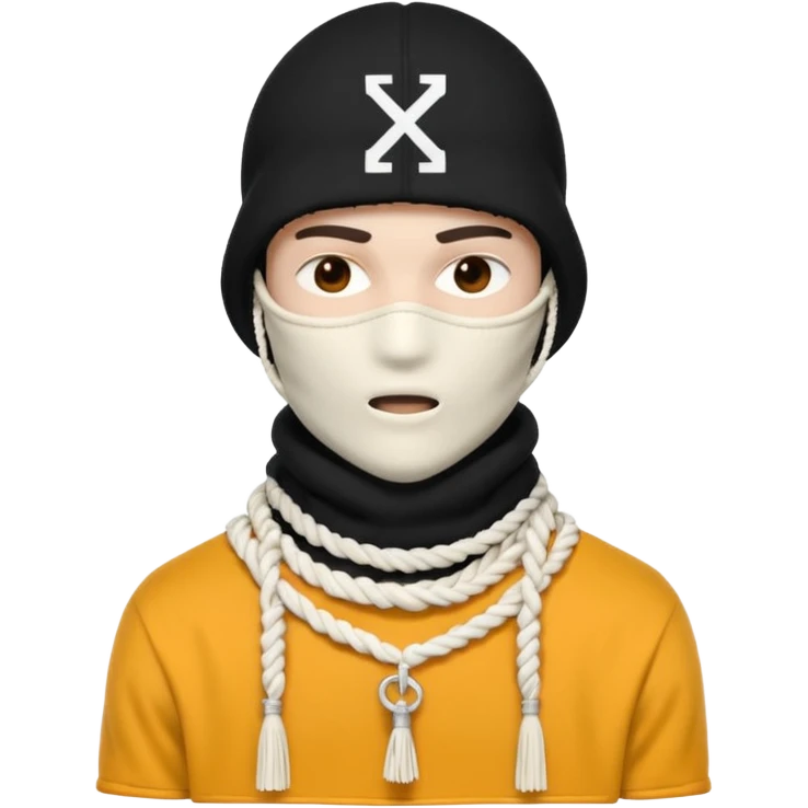 Ultra-detailed studio shot of a post-apocalyptic off-white balaclava — deconstructed, frayed, layered, with braided rope tassels and subtle embroidery. Minimalist white background, soft lighting, sharp focus. High-fashion streetwear aesthetic. The face of a person in a mask should not be visible emoji