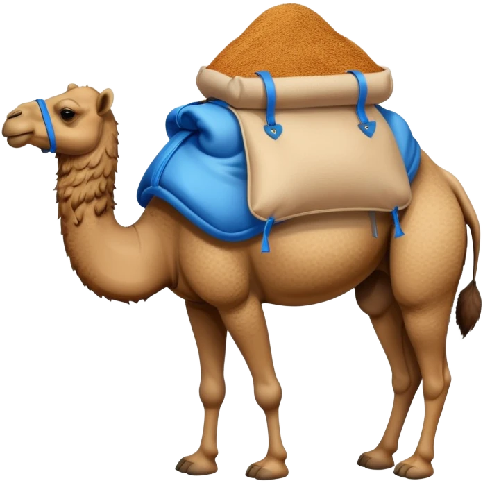 a camel with a blue sack with spices on his back emoji