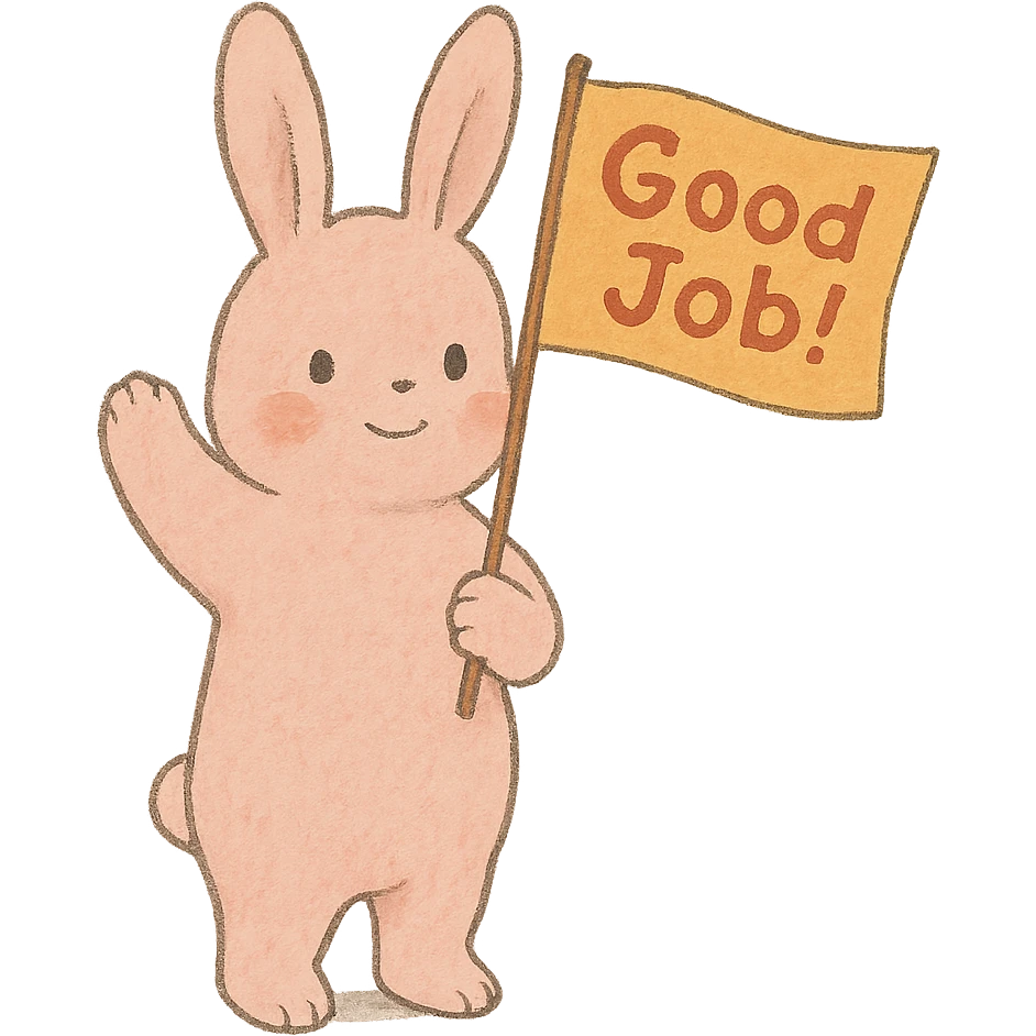 full-body baby pink bunny waving a 'Good Job!' flag, soft Ghibli style, transparent background, flag text clearly visible emoji