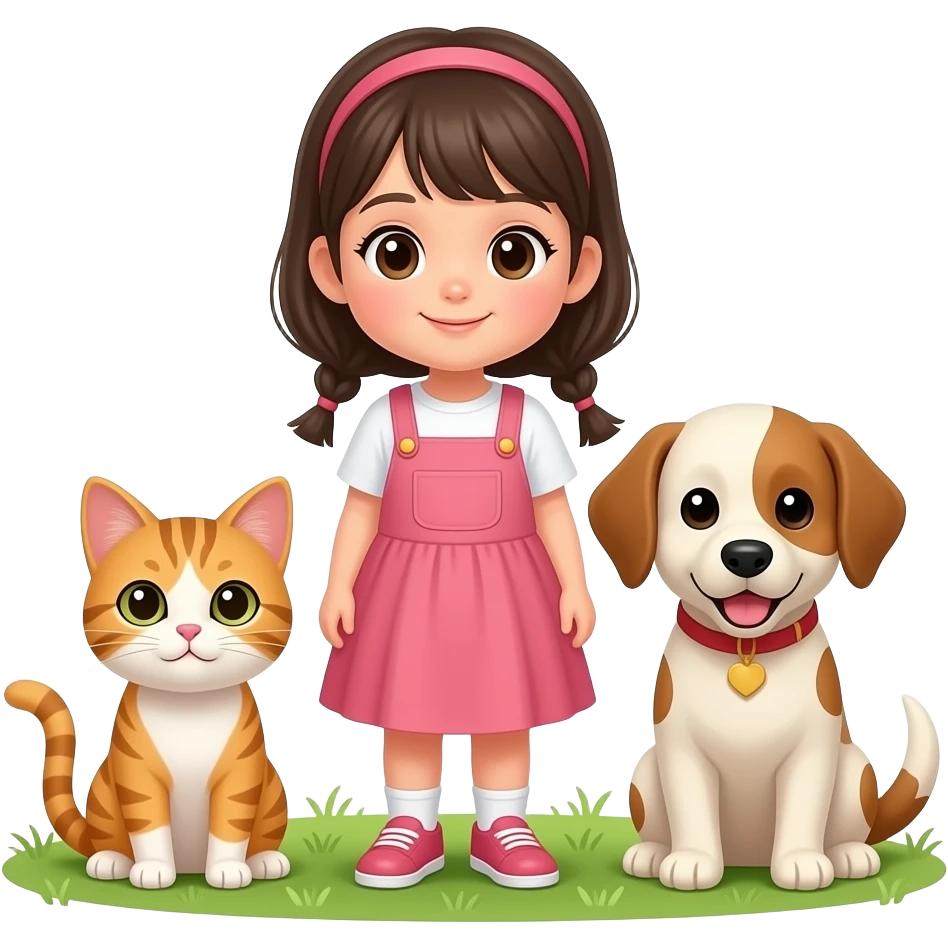 A little girl next to her little cat with a puppy and they’re at the park emoji