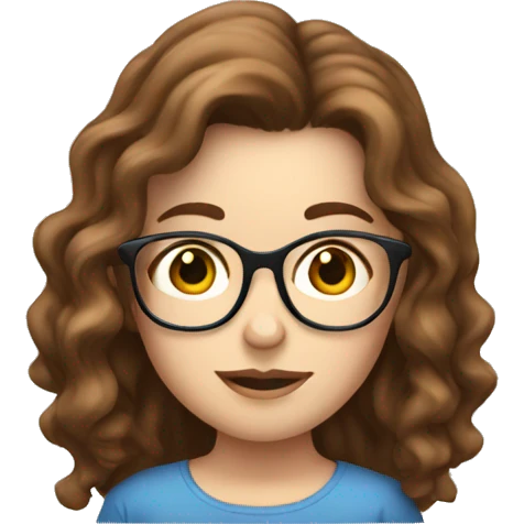 White girl with glasses and brown wavy hair reading on smart phone emoji