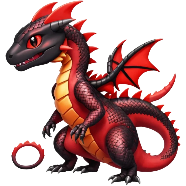 Cute Shiny wacky black and red iridescent Guilmon-Salandit-Fakémon-hybrid-creature (full body)  emoji