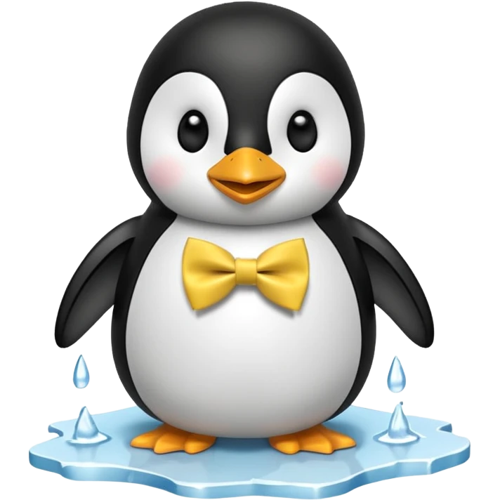 penguin, yellow bow tie, standing on small ice melting block emoji
