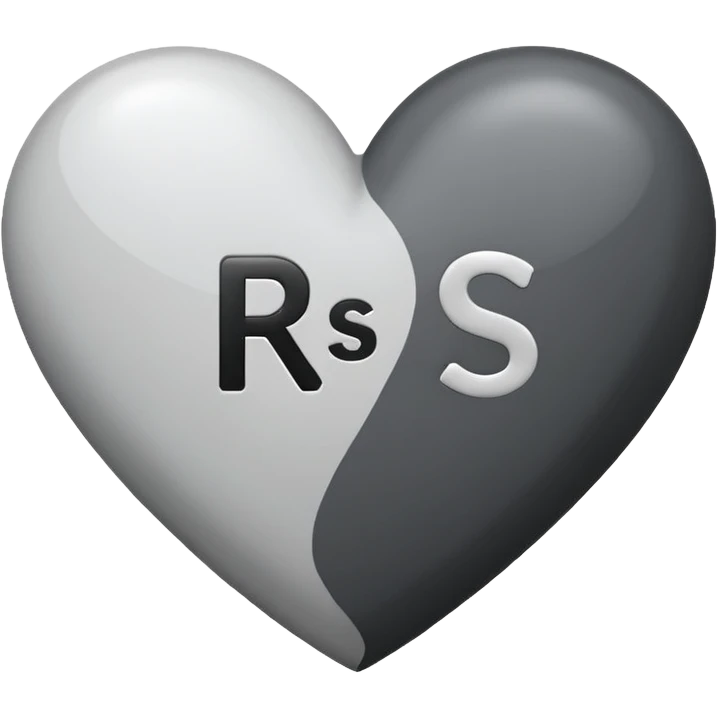 A heart in black nd grey with white mixed, with a word inside as 'RS' in Stylish font with colour white emoji