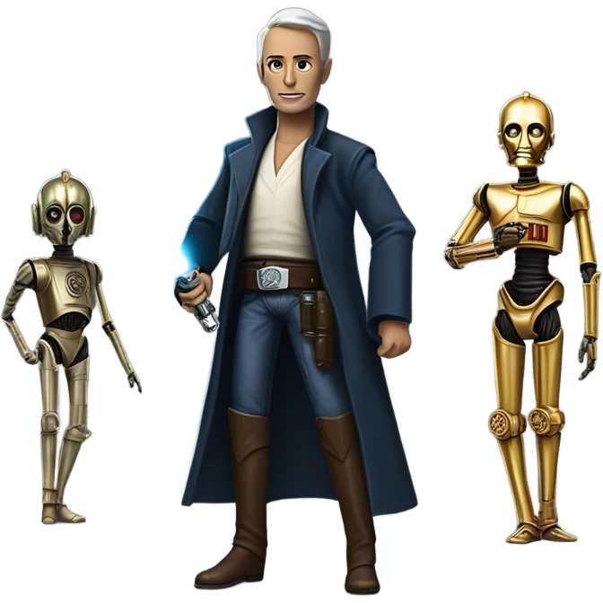 well-equipped jedi first order human-sized darkblue-pearl friendly bounty hunter c3po droid wearing a leather wild west duster coat holding light saber ready to fight but relaxed. antiqued emoji