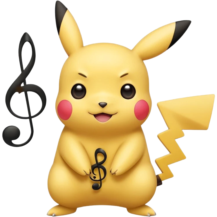 cute Pikachu Pokémon, flat style, soft rounded face, bold expressive eyes, vibrant yellow and black colors, playful and cheerful, musical note accent, no 3D or shading emoji