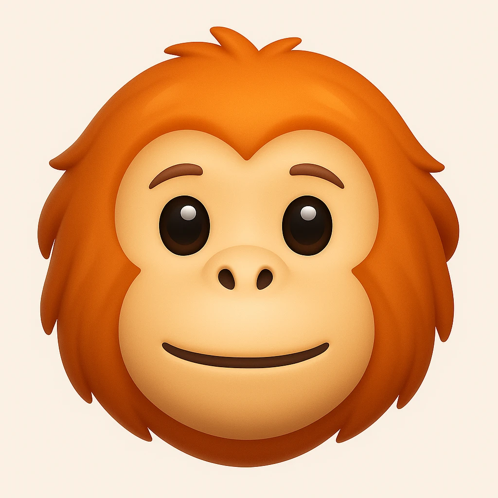 Make a more iOS emoji-like image that looks exactly like the reference: orangutan face, 3D, shiny, smooth gradients, soft shadows, and a friendly emoji look. The style should mimic the iOS emoji style with smooth shading and a friendly expression. emoji