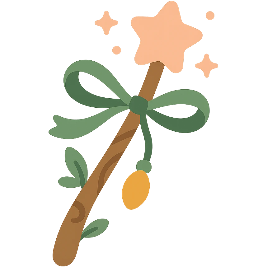 "A cute and magical wand with an elegant, whimsical design, incorporating a color palette of golden orange (FA9B41), forest green (4A7C5C), soft taupe brown (96775A), and pastel peach (FFCC9A). The wand is slender and slightly curved, made of smooth wood with delicate carvings. At the top, there's a glowing gem or star in peachy tones, surrounded by tiny sparkles. Decorative elements like a ribbon, tiny leaves, or a small charm add a cozy, storybook-like charm. The overall look is gentle, enchanting, and magical, perfect for a forest fairy or a kindhearted young wizard." emoji