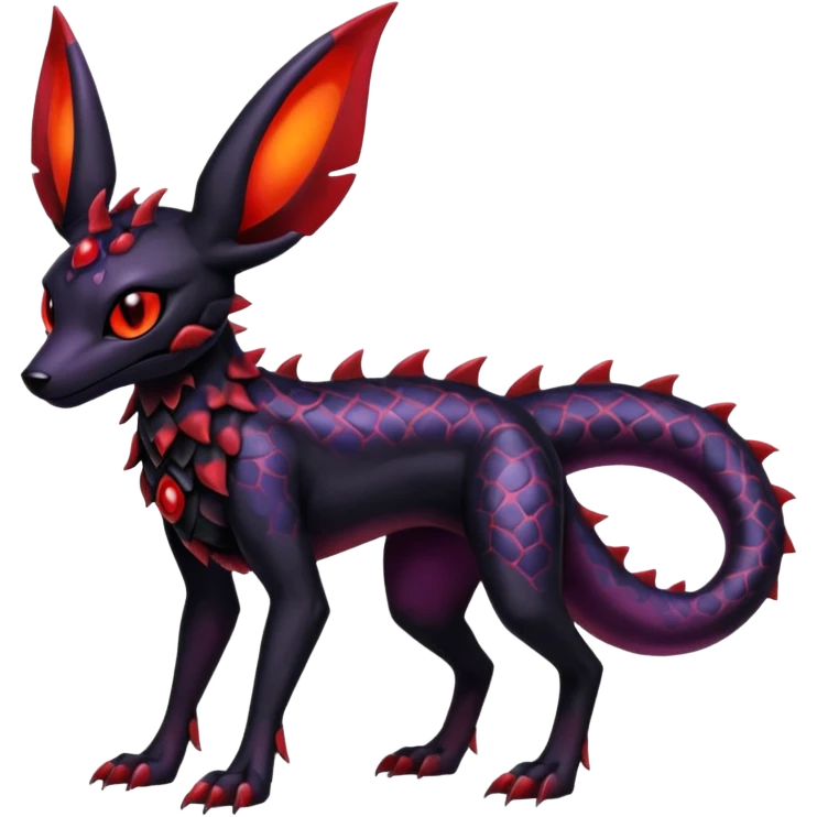Gothic Black red purple Scaley Exotic Salandit-Umbreon-Houndoom-Fakémon-hybrid-creature (full body), 4 legs emoji