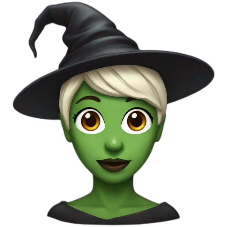 Cynthia Erivo with green skin and a witch hat emoji