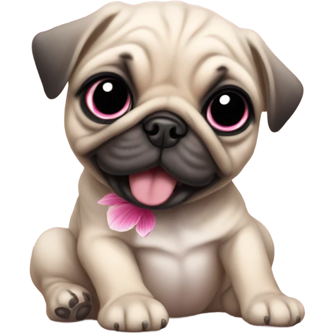 Baby pug playing with a flower pink eyes  emoji