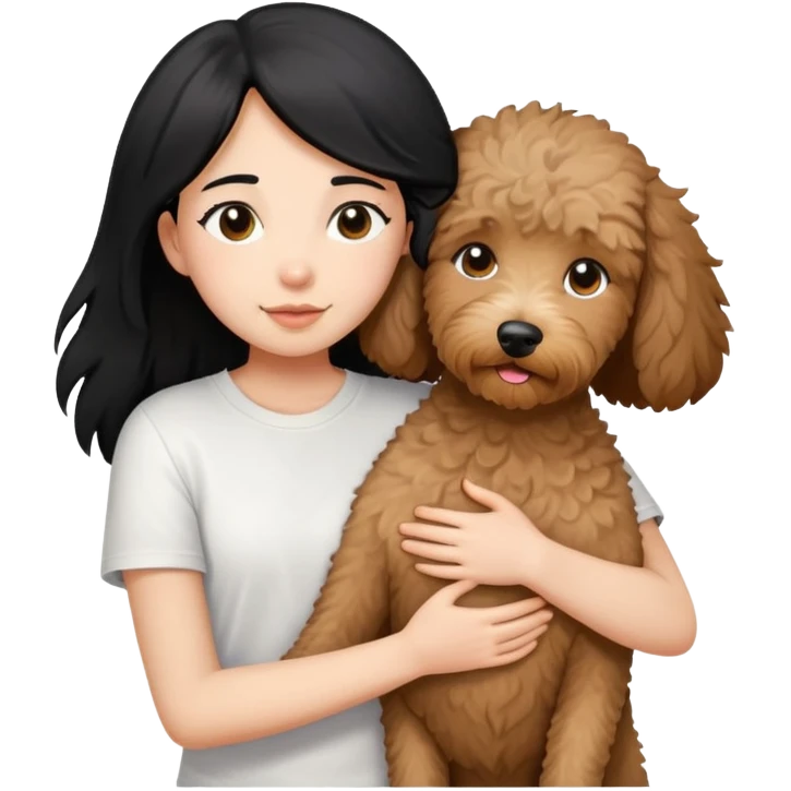 One girl with medium long black hair dressing white T-shirt, hugging One little brown coated labradoodle. emoji