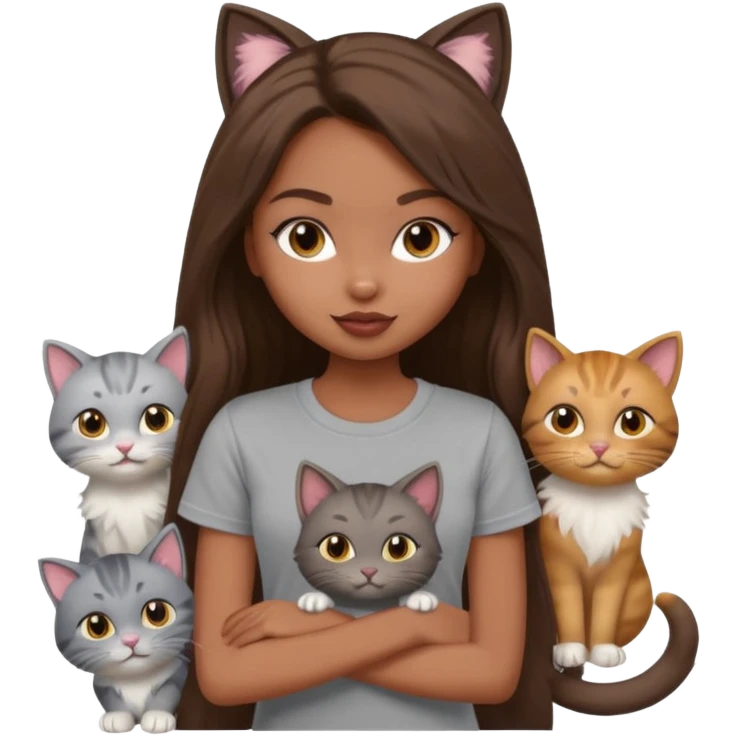 a pretty bratz dusky girl with long brown hair with six cats nd wearing a grey tshirt emoji