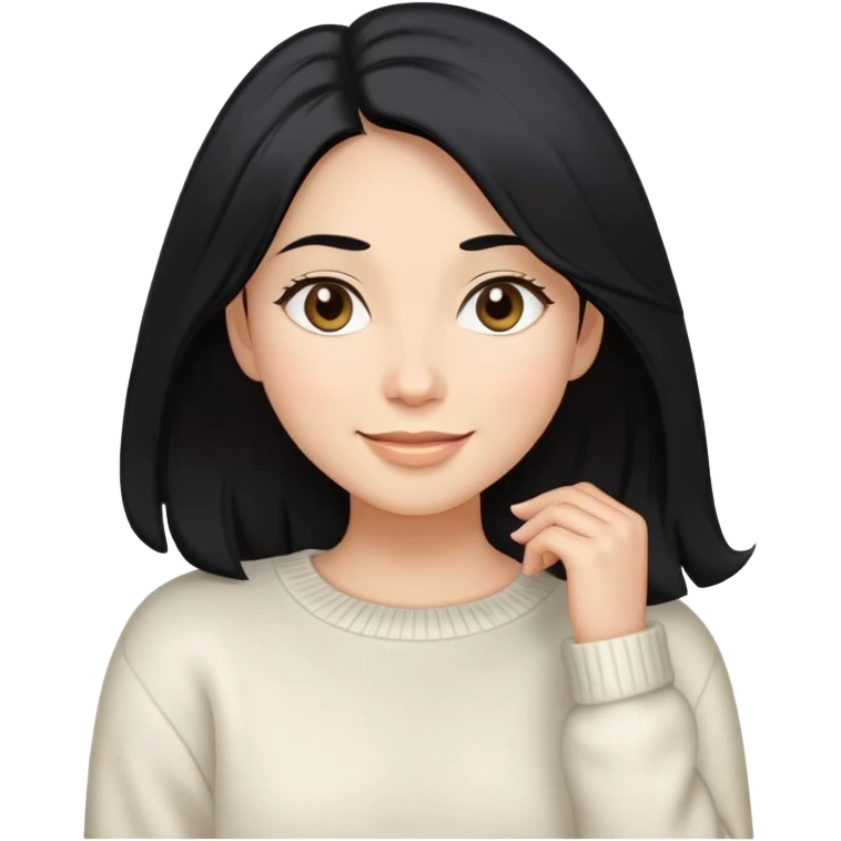 A woman with longer black hair, light to medium skin tone, full cheeks, and almond-shaped eyes, wearing a simple white sweater, lying comfortably on a bed with soft lighting, joyful and radiant expression emoji