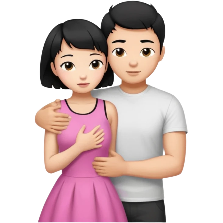 buff tan asian Man black hair hugging girl with black pixie cut  emoji
