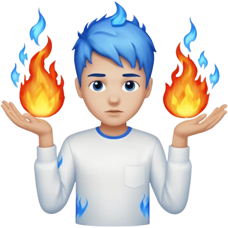 A boy with no hands fire instead made out of fire and blue fire on a white shirt that the boy is wearing  emoji