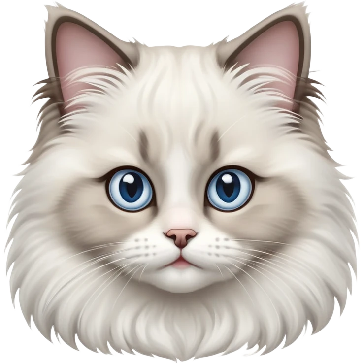 cinematic-adorable-big-eyed-fluffy-ragdoll-cat-portrait-emoji,-head-tilted-playfully-with-a-sweet-expression,-fluffy-white and grey-fur,-simplified-yet-irresistibly-cute-features-with-large,-expression, Large blue eyes emoji