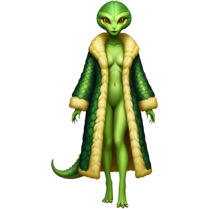 a Reptilian alien woman, in fur coat, full body emoji