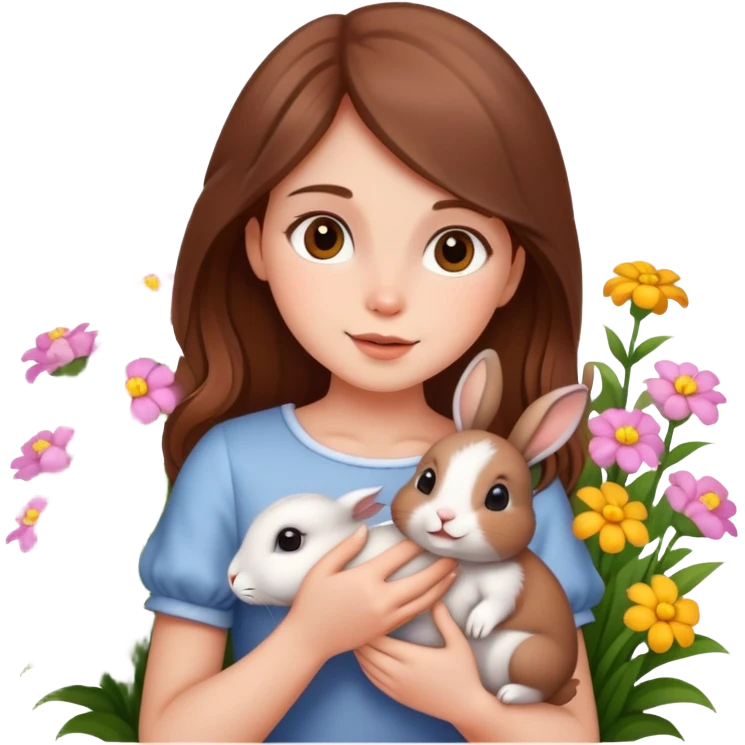 A beautiful brown-haired girl holding a little rabbit in the flowers emoji