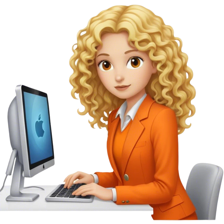 Blond curly long hair lady working in an Apple computer with orange suit emoji