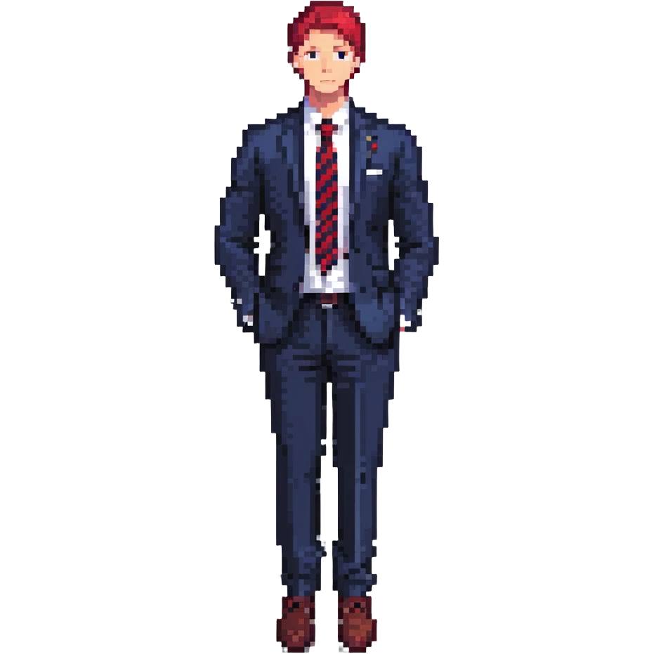 man wearing a dark blue-gray business suit with black horizontal stripes on the arms and legs, white shirt and red tie emoji