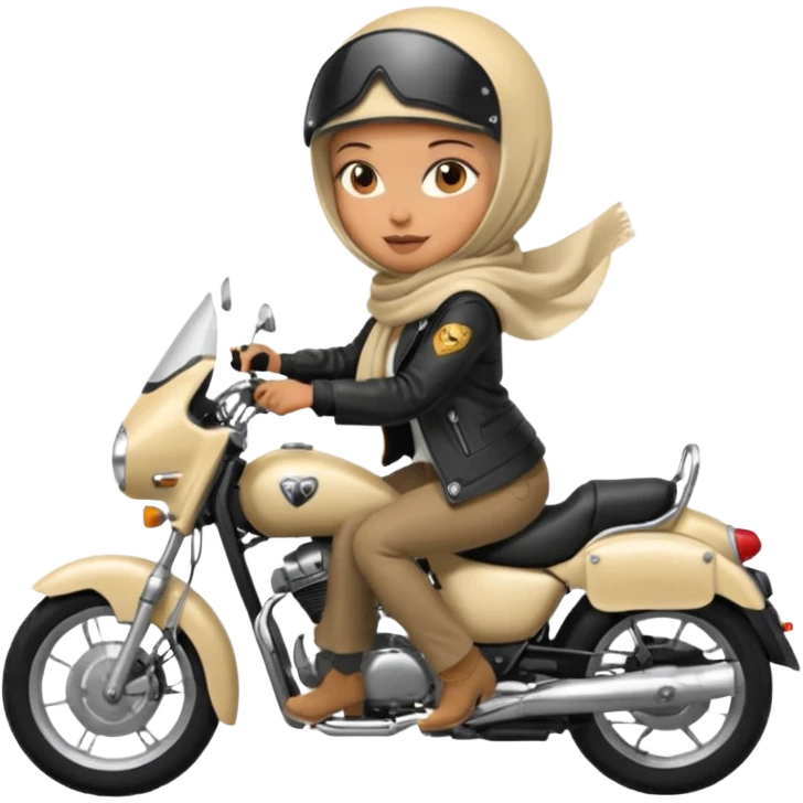 A woman wearing a cream colored pashmina hijab riding a motorbike emoji