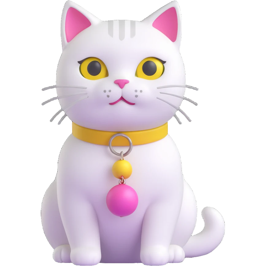 white cat with pink collar and yellow bell on collar emoji