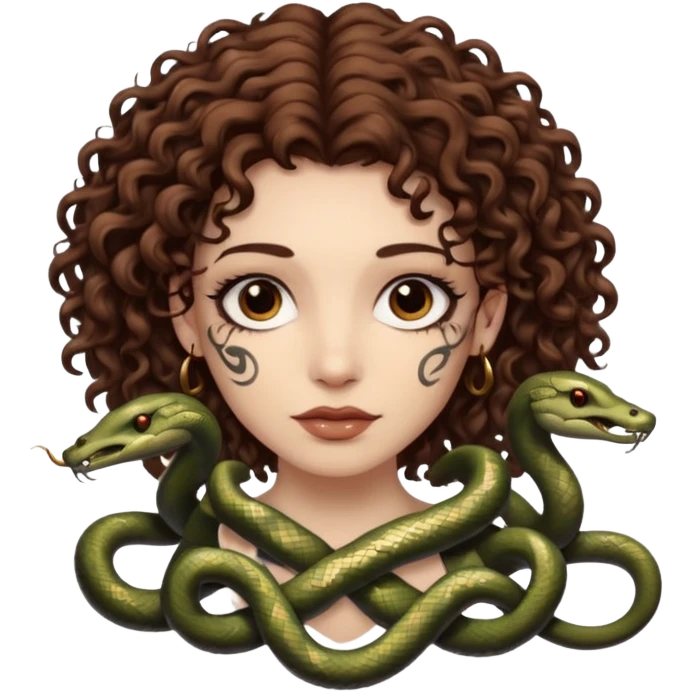 Sexy brown eyes, white skin, brown curly hair, with tattoo, mystic vibe, with snakes  emoji