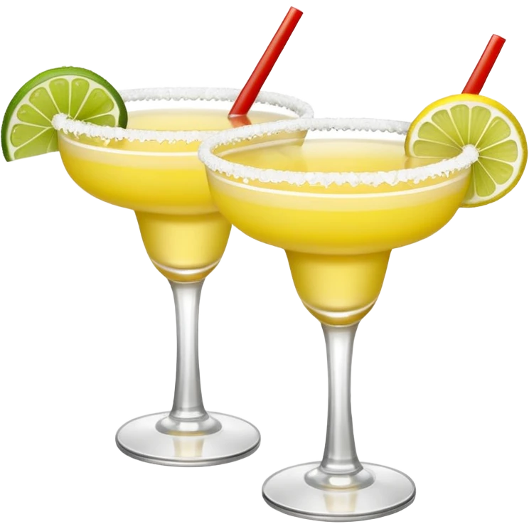 2 margarita cocktails. one is the classic margarita: yellowy with salt on the rim and a lemon. the other one is a spicy margarita: slightly more red color with a small red chili pepper instead of a lemon on the rim  emoji