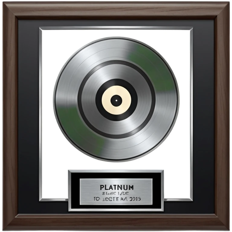 A platinum music award plaque: a square, polished platinum plate with a subtly textured, mirror-like finish, mounted on a simple dark wood base. The center features a relief of a or stylized vinyl record in a slightly darker metallic tone.  emoji