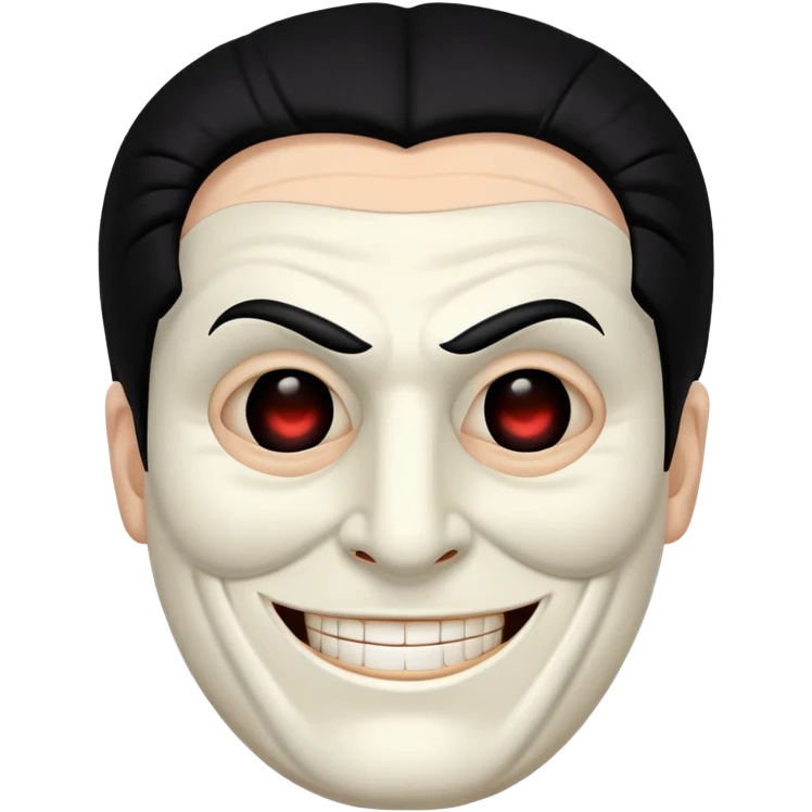 full face masked man, evil, serial killer, creepy, black hair, older, shoulders, smiling, hollow eyes emoji