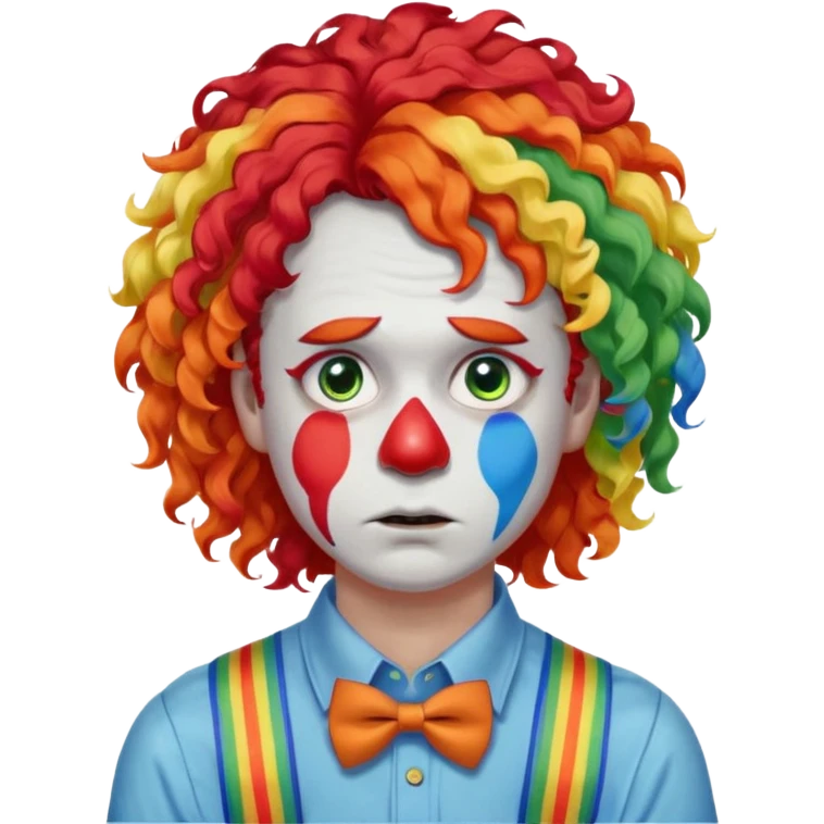 Rainbow-colored curly wig (red, yellow, green, and blue).

White face paint with blue eye makeup and a red nose.

Wearing orange suspenders over a blue shirt.

Sad, frowning expression. emoji