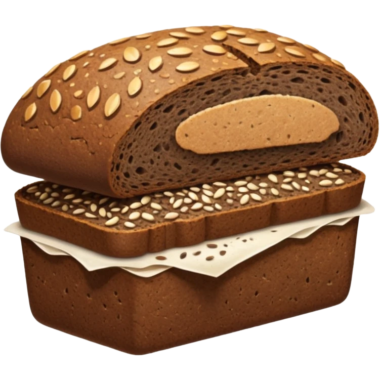 half loaf or thick slice of dark rye bread with dense, slightly uneven texture and deep brown crust, moist compact interior crumb with visible seeds or grain flecks, rounded or rectangular shape, rustic hearty feel, soft lighting, subtle shadows, emoji scale emoji