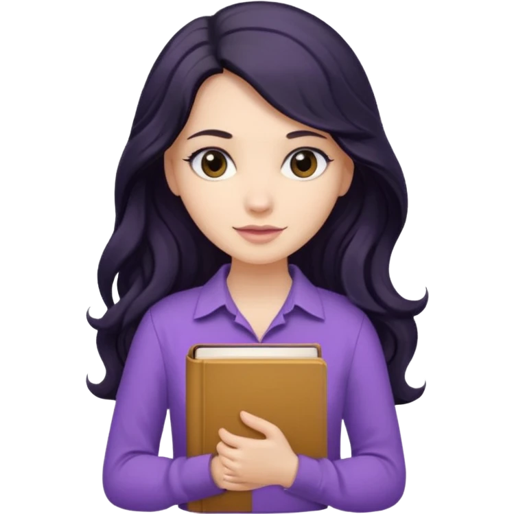 Long Hair Women with purple Book, Black wavy hair, beige shirt emoji