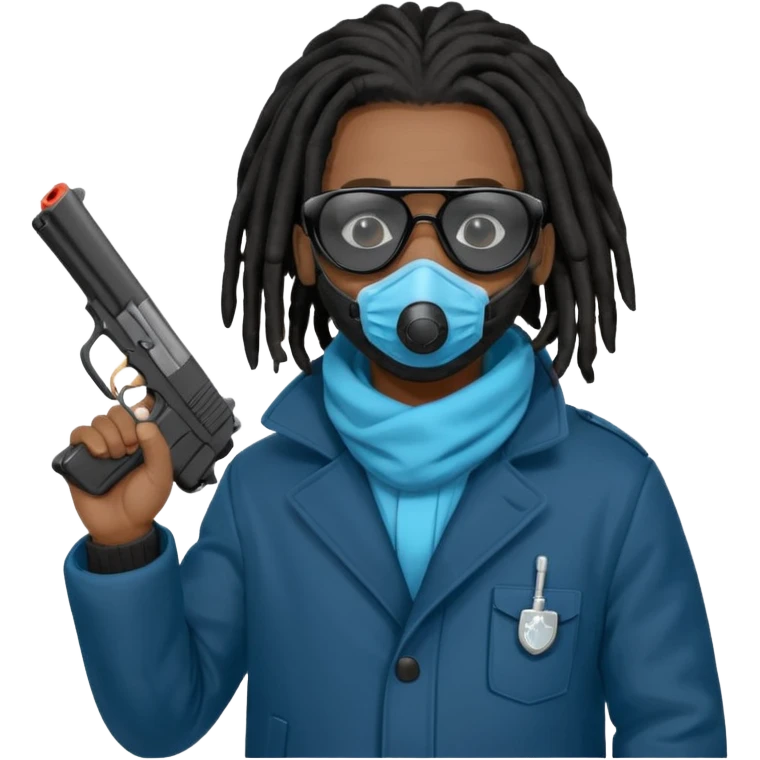 African American man with shoulder length black dreadlocks  wearing black sunglasses wearing a black bubble winter coat wearing a blue hospital mask covering mouth and nose  holding a Glock gun in hand emoji