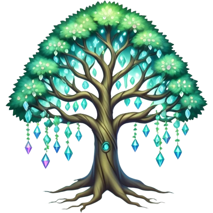 Spiritual magical ethereal tree with iridescent crystals hanging in it emoji