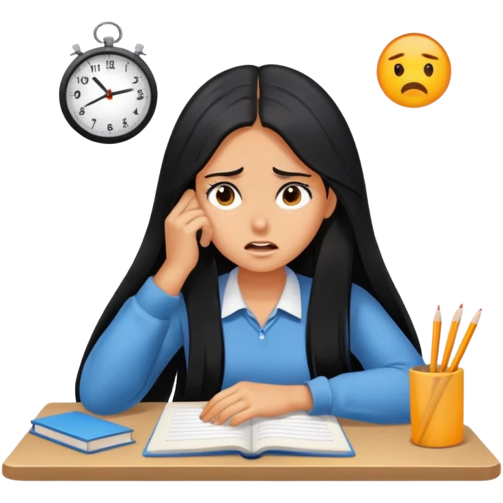 Pretty tanned girl with long black hair, stressed out about homework emoji