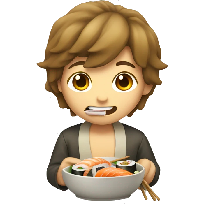 A boy with long hair happily eating sushi emoji