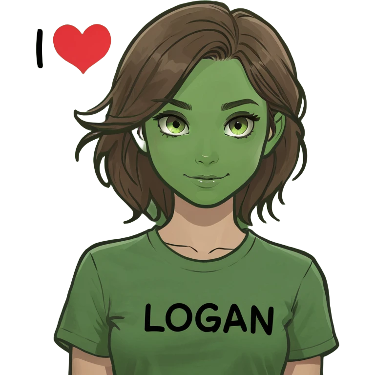 Brown haired girl with green eyes wearing a T shirt that says “I love Logan”  emoji