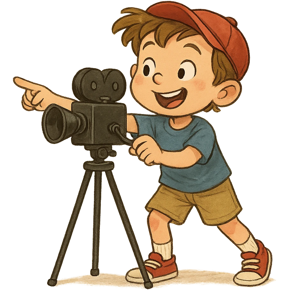 a small boy with a movie camera, directing a scene, playful mood emoji