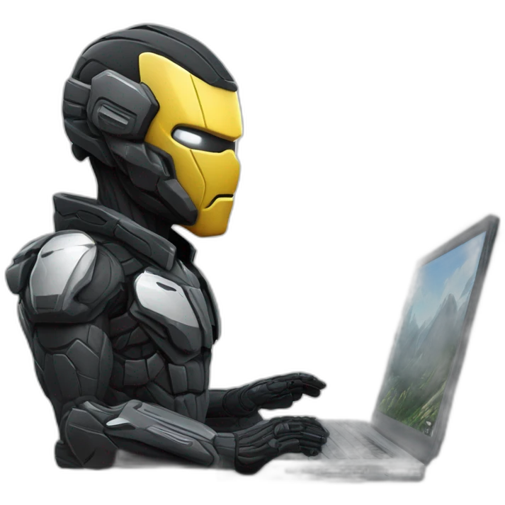 Side view developer behind his laptop with this style : Crytek Crysis Video game with nanosuit hacker themed character emoji