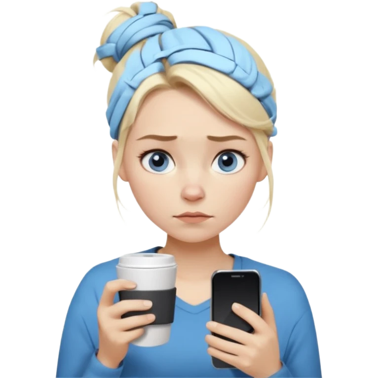 Cartoon emoji of a Scandinavian-looking woman with light blonde hair, pale skin, blue eyes. Portrait mode. Messy bun, tired eyes, tense face. Holding phone and coffee, rushed posture. Clearly busy, overwhelmed, slightly miserable. Smooth, simple, stylized emoji