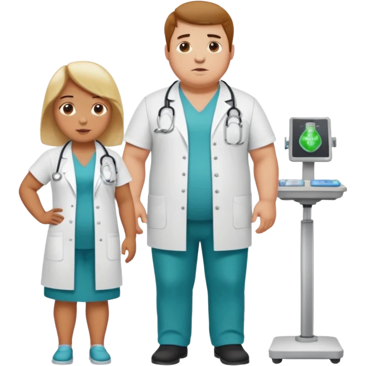 pessoa gorda em cima de balança e medico do lado avaliando emoji