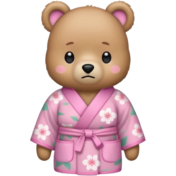 A cute light-brown bear wearing a pastel pink sakura-patterned kimono, normal balanced body ratio.  
Pulling out both empty pockets with a sad and embarrassed expression, small sigh lines.  
Kawaii emoji style, minimalistic clean sticker illustration, white background. emoji