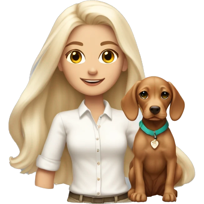 Pretty tan skinned girl with long white blonde hair wearing a preppy outfit with a cute vizsla puppy  emoji