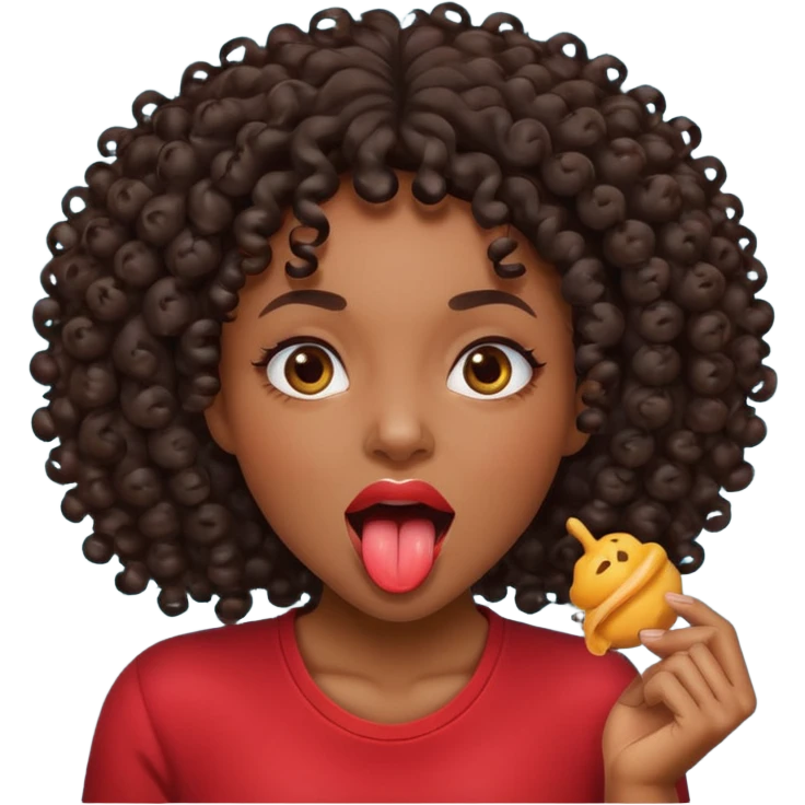 uma mulher negra com cachos com cara de safada mordendo a língua  emoji
