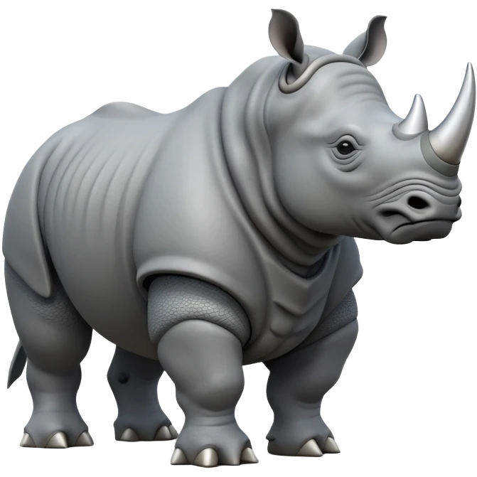 cinematic-rhino-full-body-standing-emoji,slate grey skin -massive-armored-body-poised-powerfully,-thick-horn-curving-slightly-forward,-head-tilted-dramatically,-rough-grey-hide-covered-in-dust,-simplified-focused-features emoji