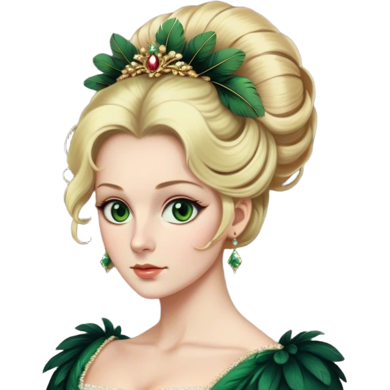 lady with Pale complexion, sharp features, high cheekbones, Blonde hair, green eyes, Regency-era elaborate updo, voluminous hairstyle, feathered ornaments emoji