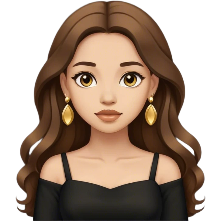 Beautiful woman,cute, long brown hair in dark dress with gold earrings emoji