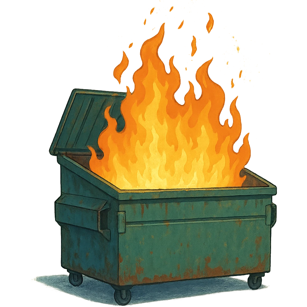 a dumpster, no lid, the lid is open, on fire emoji